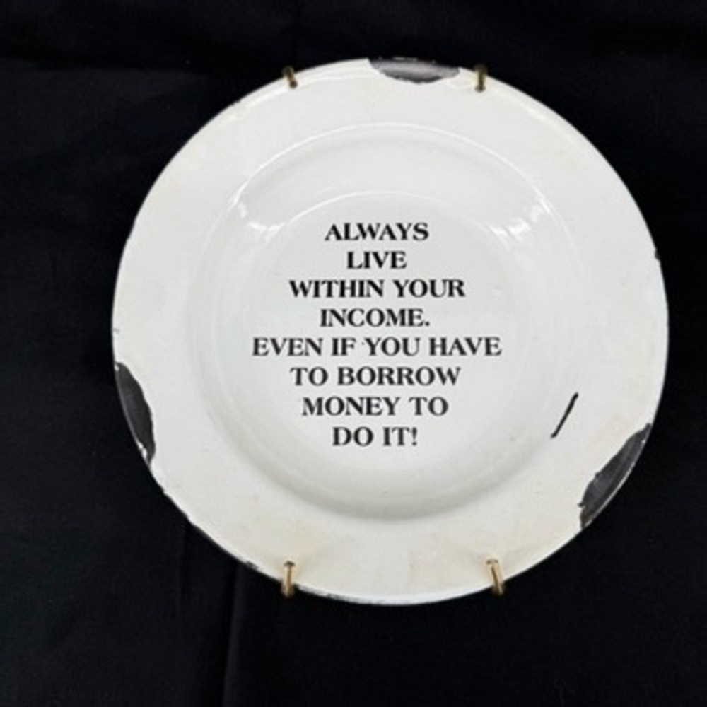 Vintage Enamelware Humor Plate Always Live Within Your Income Distressed 8in